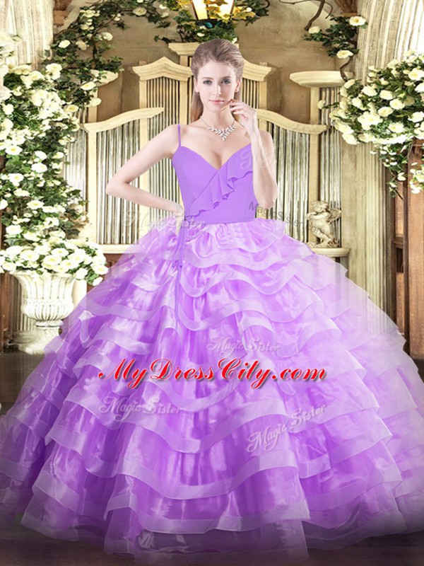 Trendy Lavender Spaghetti Straps Neckline Ruffled Layers Sweet 16 Dresses Sleeveless Zipper