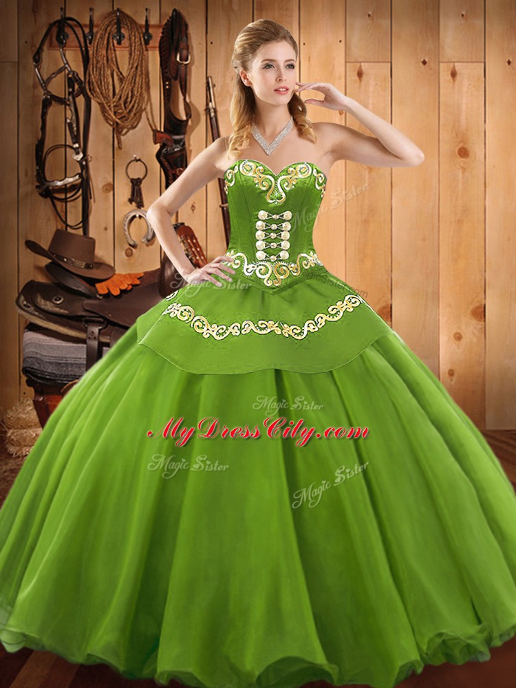 Green Satin and Tulle Lace Up Vestidos de Quinceanera Sleeveless Floor Length Embroidery