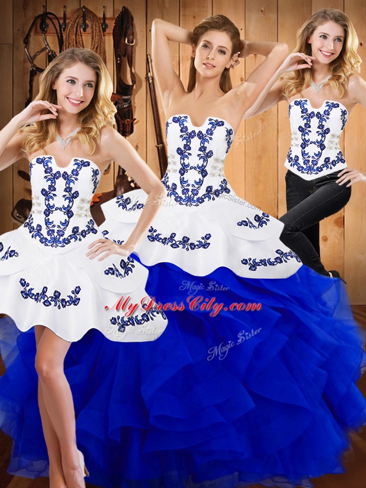 Elegant Blue Lace Up Quinceanera Dresses Embroidery and Ruffles Sleeveless Floor Length