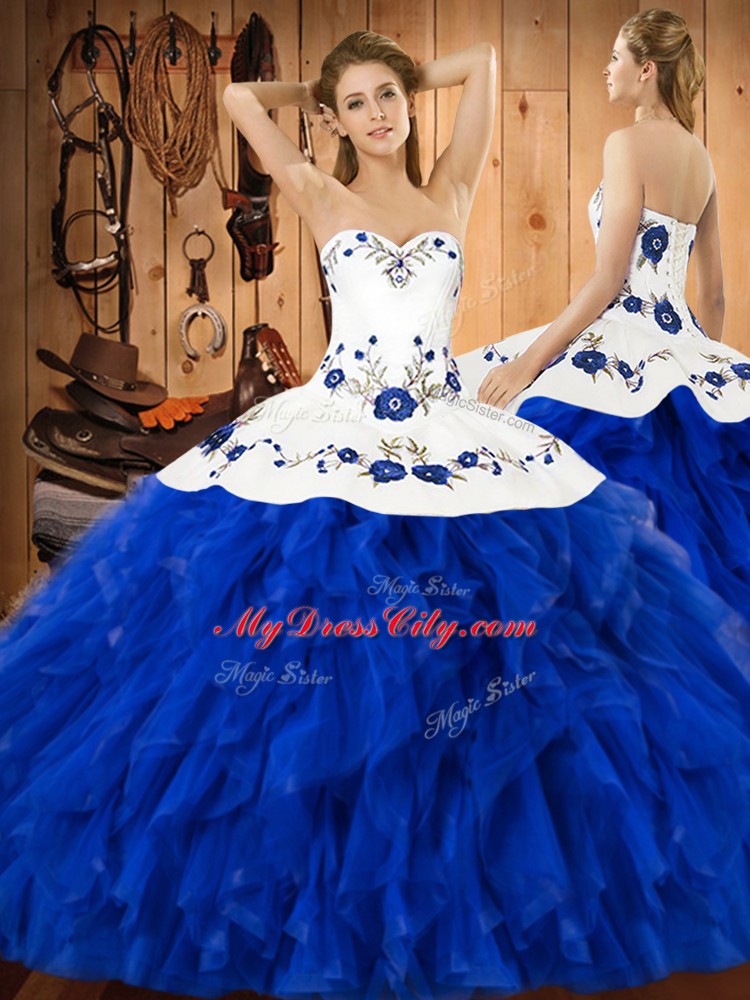 Floor Length Ball Gowns Sleeveless Blue And White Quince Ball Gowns Lace Up