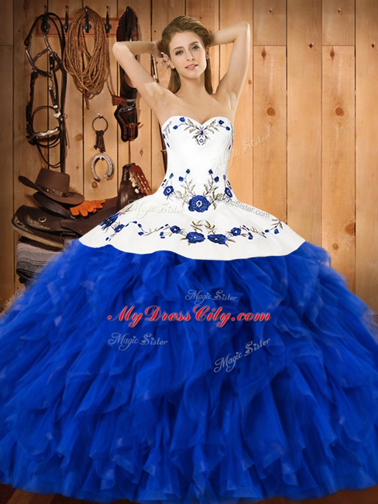 Floor Length Ball Gowns Sleeveless Blue And White Quince Ball Gowns Lace Up