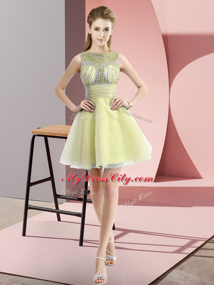 Beautiful Mini Length Yellow Prom Party Dress Chiffon Sleeveless Beading and Bowknot