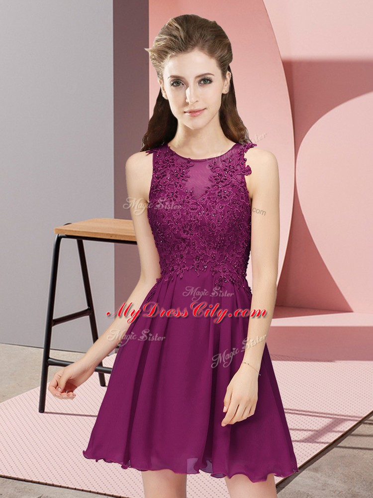 Dazzling Empire Wedding Party Dress Dark Purple Scoop Chiffon Sleeveless Mini Length Zipper