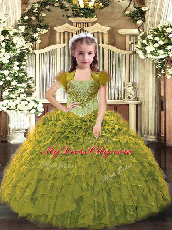 Fashion Olive Green Straps Lace Up Beading and Ruffles Little Girl Pageant Dress Sleeveless