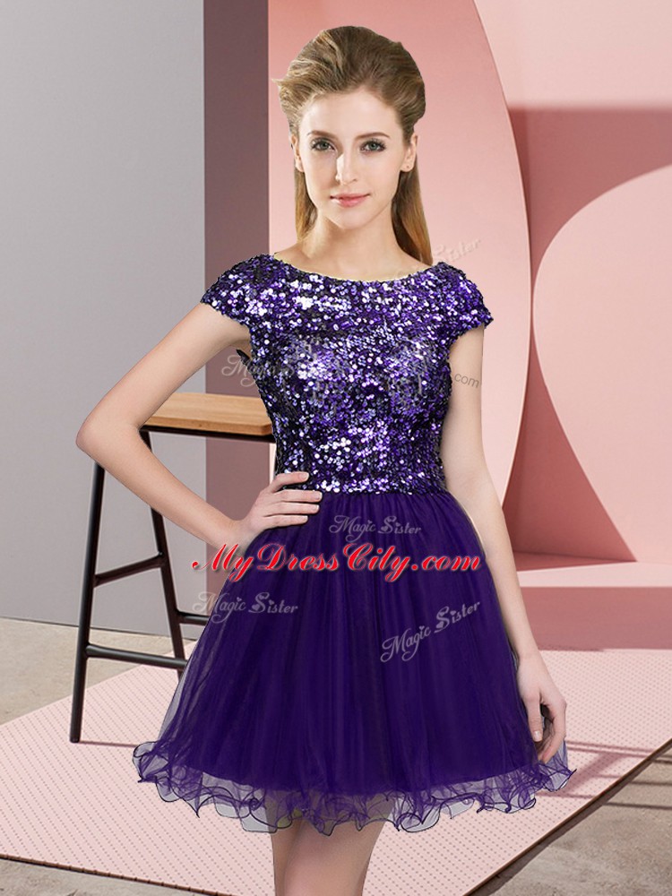 Scoop Cap Sleeves Bridesmaid Dresses Mini Length Sequins Purple Tulle