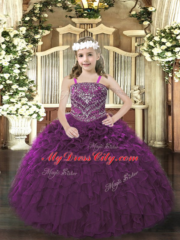 Hot Sale Floor Length Purple Kids Pageant Dress Straps Sleeveless Lace Up