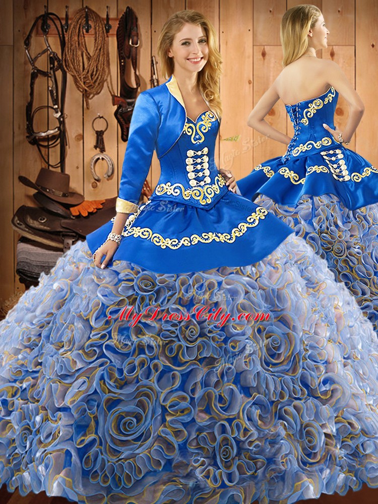 Luxury Multi-color Satin and Fabric With Rolling Flowers Lace Up Quinceanera Dresses Sleeveless With Train Sweep Train Embroidery