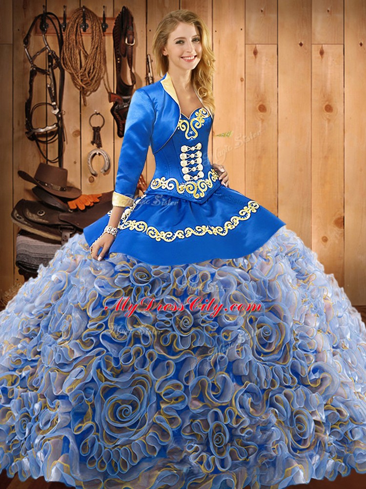 Luxury Multi-color Satin and Fabric With Rolling Flowers Lace Up Quinceanera Dresses Sleeveless With Train Sweep Train Embroidery