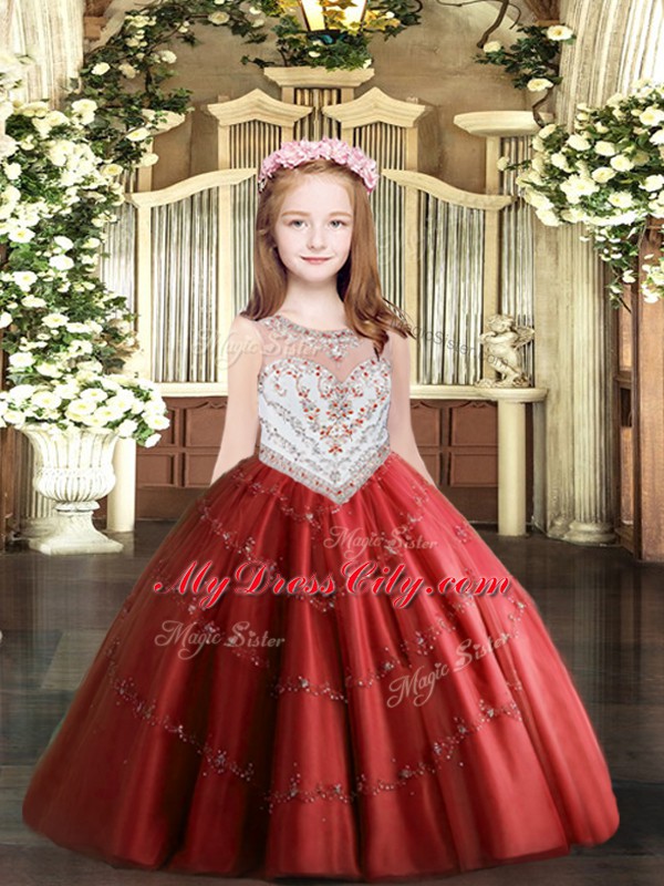 Sleeveless Tulle Floor Length Zipper Pageant Dress for Teens in Red with Beading and Appliques