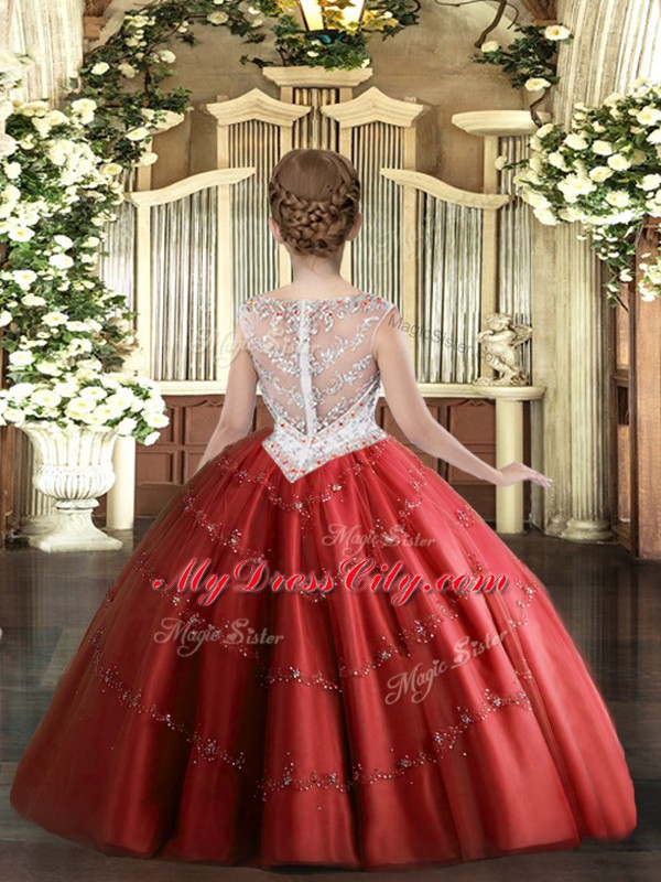 Sleeveless Tulle Floor Length Zipper Pageant Dress for Teens in Red with Beading and Appliques