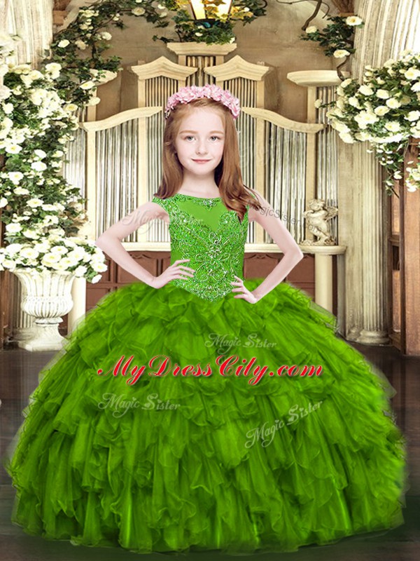 Green Ball Gowns Organza Scoop Sleeveless Beading and Ruffles Floor Length Zipper Little Girls Pageant Dress Wholesale