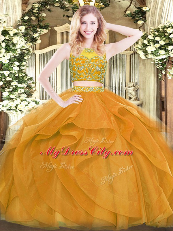 High End Scoop Sleeveless Quinceanera Dress Floor Length Beading and Ruffles Gold Tulle