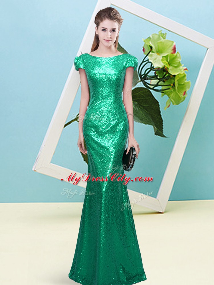 Colorful Floor Length Turquoise Scoop Cap Sleeves Zipper