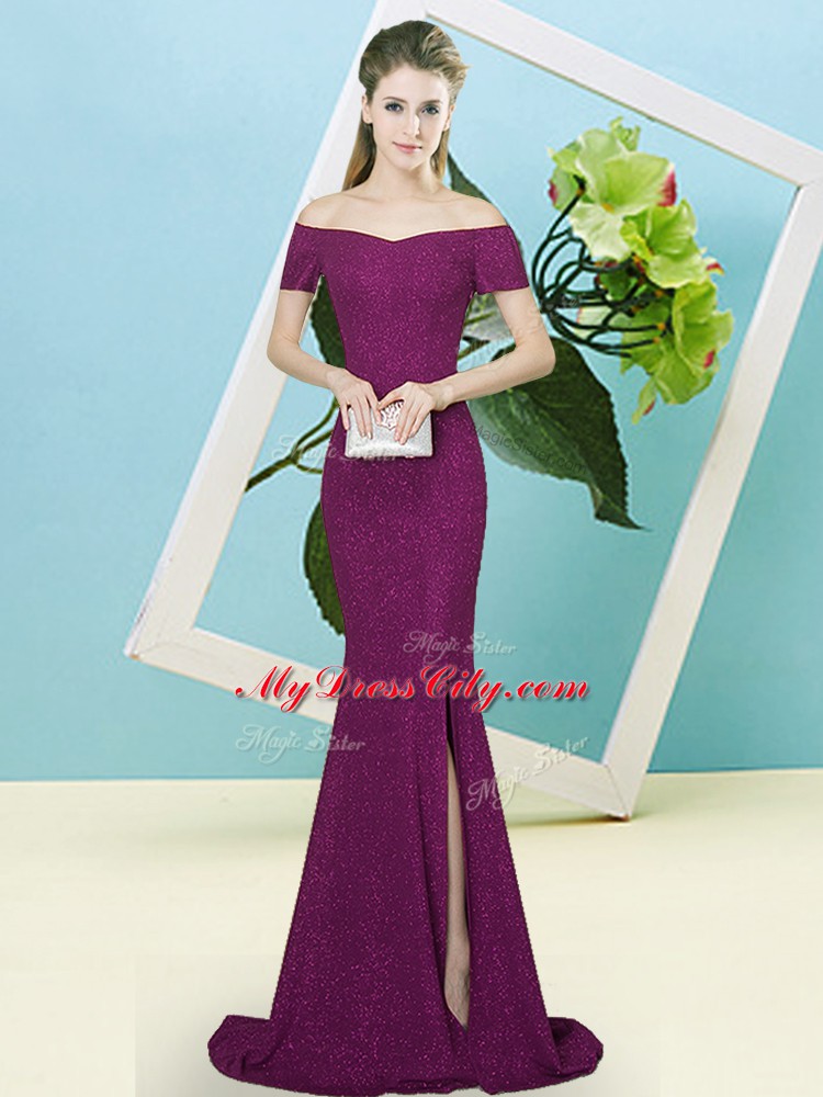 Sequined Off The Shoulder Short Sleeves Sweep Train Zipper Sequins Prom Gown in Purple