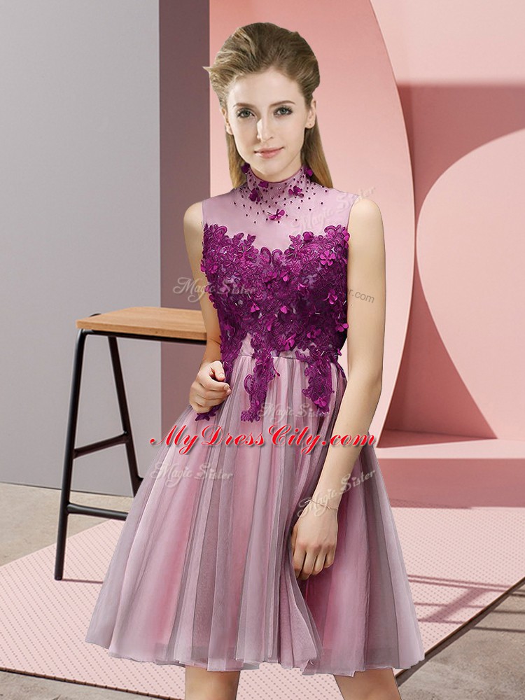 Baby Pink Lace Up High-neck Appliques Bridesmaid Dress Tulle Sleeveless