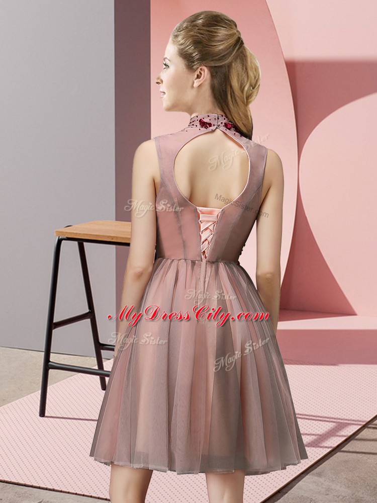 Baby Pink Lace Up High-neck Appliques Bridesmaid Dress Tulle Sleeveless