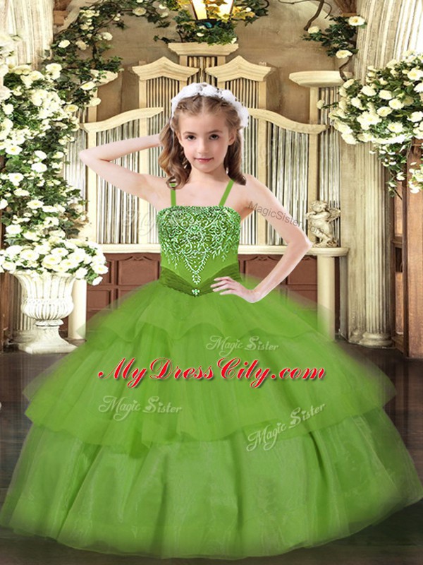 Custom Fit Green Ball Gowns Beading and Ruffled Layers Pageant Dress for Girls Lace Up Organza Sleeveless Floor Length