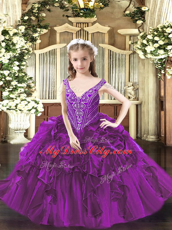 Luxurious Purple Sleeveless Beading and Ruffles Floor Length Girls Pageant Dresses