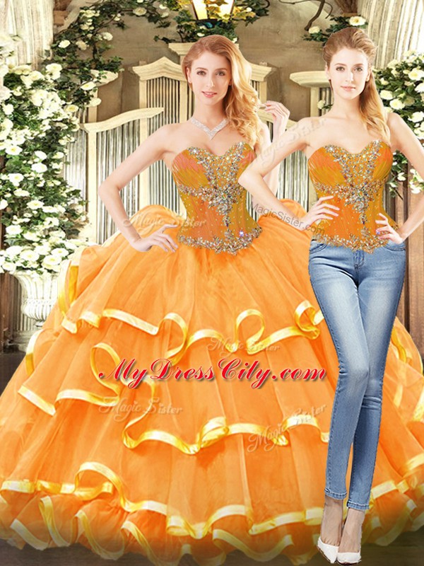 Orange Red Lace Up 15 Quinceanera Dress Beading and Ruffled Layers Sleeveless Floor Length