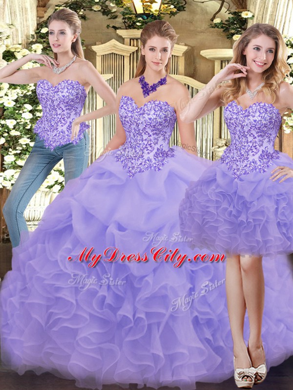 Glorious Organza Sweetheart Sleeveless Zipper Appliques and Ruffles Vestidos de Quinceanera in Lavender