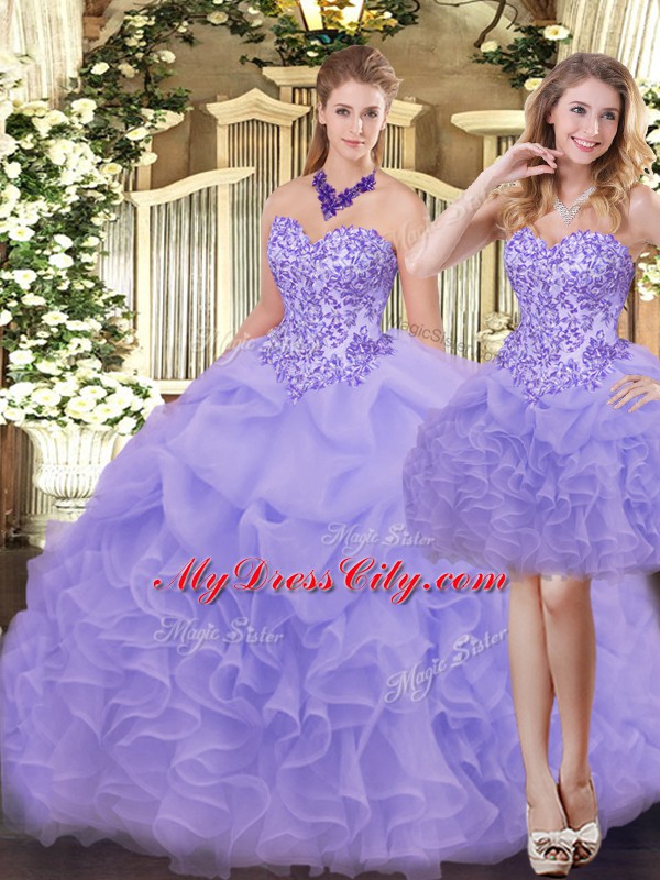 Glorious Organza Sweetheart Sleeveless Zipper Appliques and Ruffles Vestidos de Quinceanera in Lavender