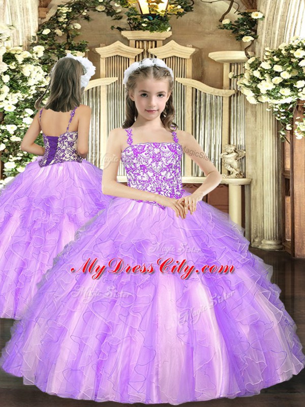 High Class Lavender Lace Up Child Pageant Dress Beading and Ruffles Sleeveless Floor Length