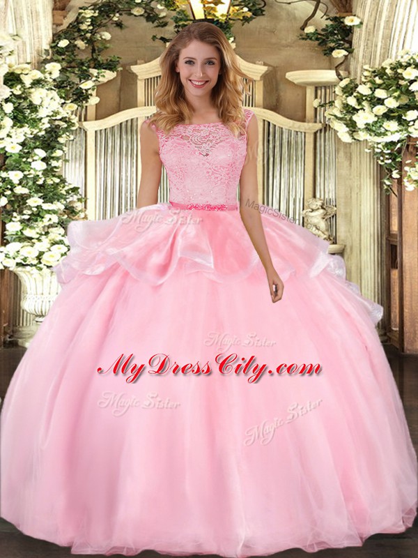 Pink Ball Gowns Organza Scoop Sleeveless Lace Floor Length Clasp Handle Vestidos de Quinceanera