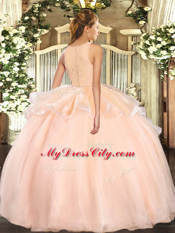 Pink Ball Gowns Organza Scoop Sleeveless Lace Floor Length Clasp Handle Vestidos de Quinceanera