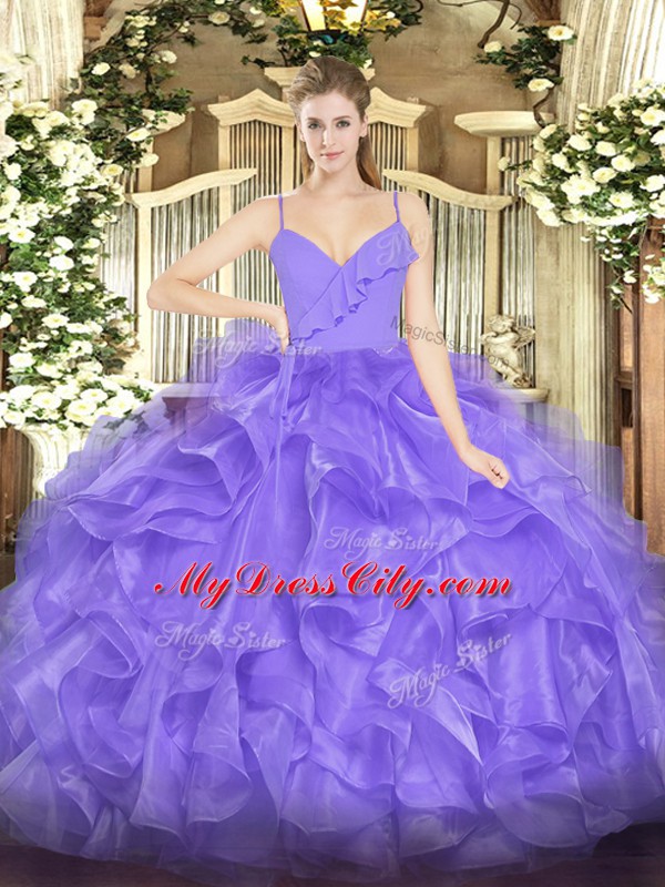 Custom Made Lavender Quince Ball Gowns Military Ball and Sweet 16 and Quinceanera with Ruffles Spaghetti Straps Sleeveless Zipper