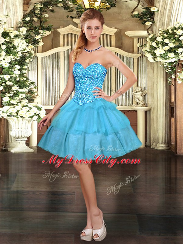 Extravagant Aqua Blue Sleeveless Beading and Ruffled Layers Mini Length Homecoming Dress