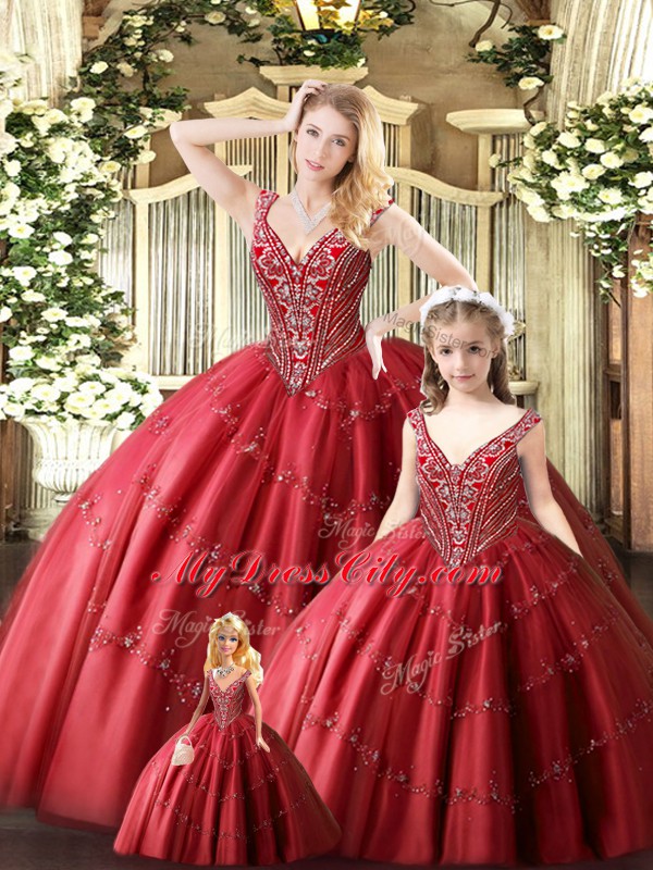 Sleeveless Tulle Floor Length Lace Up Ball Gown Prom Dress in Red with Beading