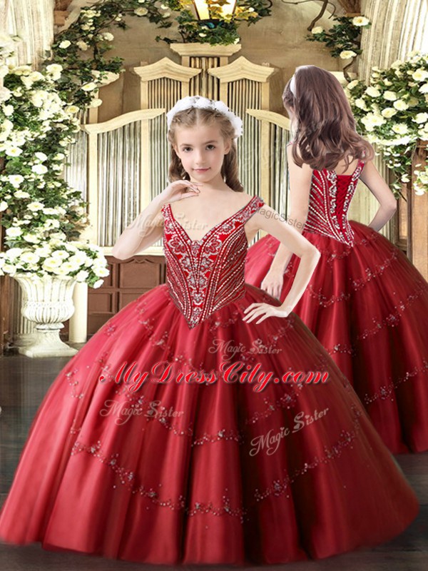 Sleeveless Tulle Floor Length Lace Up Ball Gown Prom Dress in Red with Beading