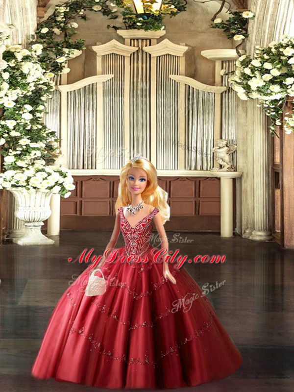 Sleeveless Tulle Floor Length Lace Up Ball Gown Prom Dress in Red with Beading