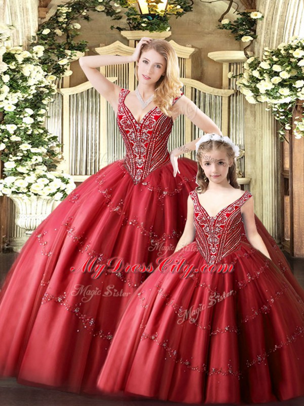 Sleeveless Tulle Floor Length Lace Up Ball Gown Prom Dress in Red with Beading