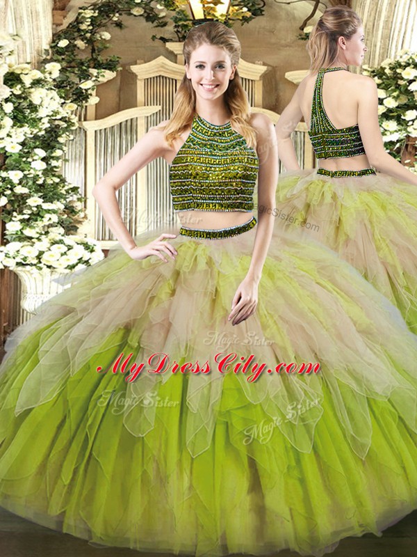 Tulle Halter Top Sleeveless Lace Up Beading and Ruffles Quinceanera Gown in Multi-color