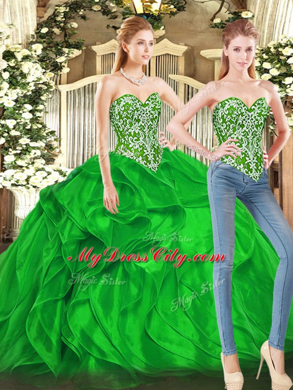 Glamorous Tulle Sweetheart Sleeveless Lace Up Beading and Ruffles 15th Birthday Dress in Green