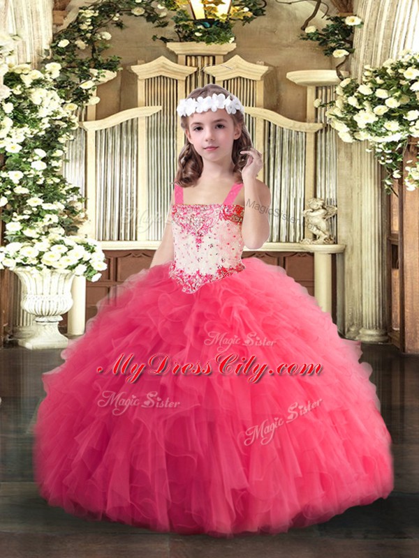 Exquisite Hot Pink Tulle Lace Up Straps Sleeveless Floor Length Little Girls Pageant Dress Wholesale Beading and Ruffles