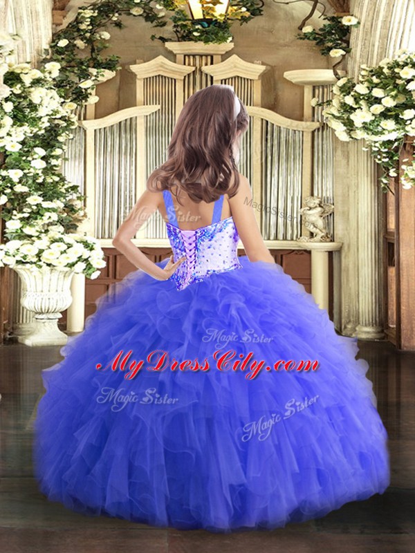 Exquisite Hot Pink Tulle Lace Up Straps Sleeveless Floor Length Little Girls Pageant Dress Wholesale Beading and Ruffles