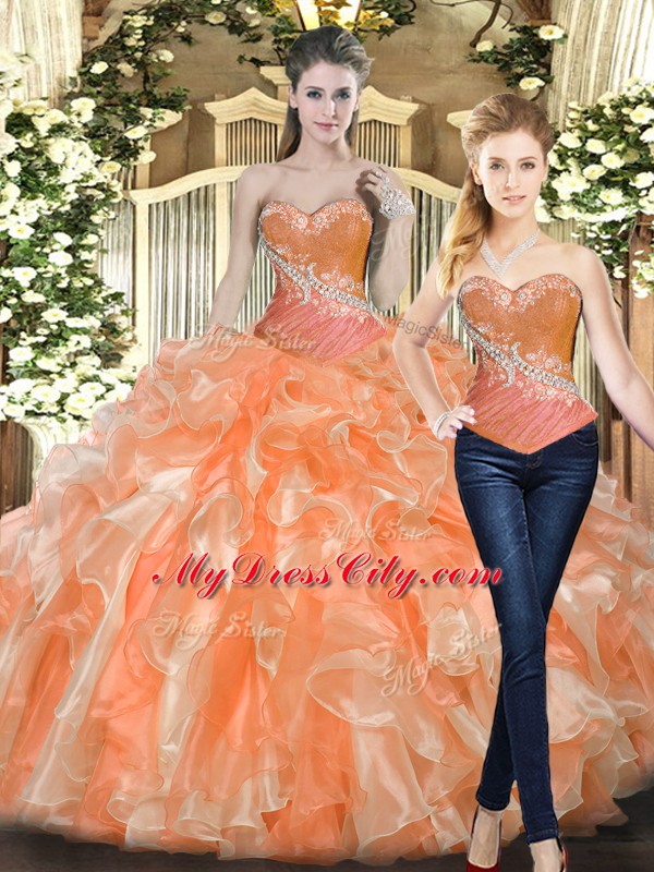 Shining Beading and Ruffles Sweet 16 Quinceanera Dress Orange Red Lace Up Sleeveless Floor Length