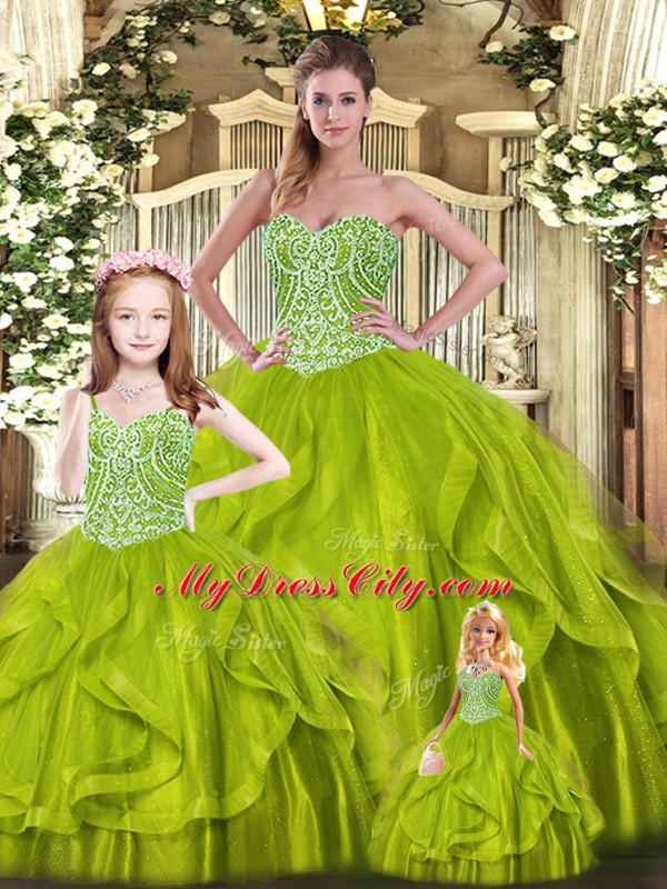 Fine Floor Length Lace Up Quinceanera Gowns Olive Green for Military Ball and Sweet 16 and Quinceanera with Beading and Ruffles