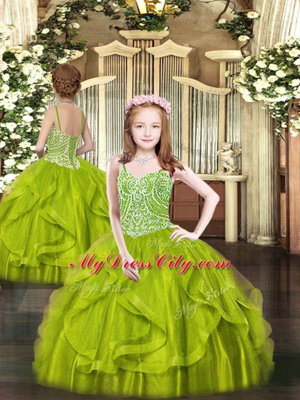 Fine Floor Length Lace Up Quinceanera Gowns Olive Green for Military Ball and Sweet 16 and Quinceanera with Beading and Ruffles