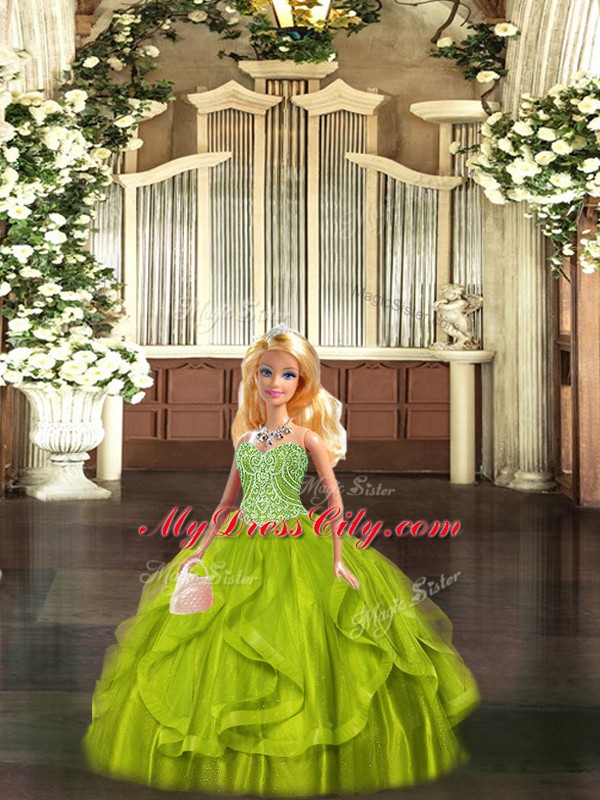 Fine Floor Length Lace Up Quinceanera Gowns Olive Green for Military Ball and Sweet 16 and Quinceanera with Beading and Ruffles