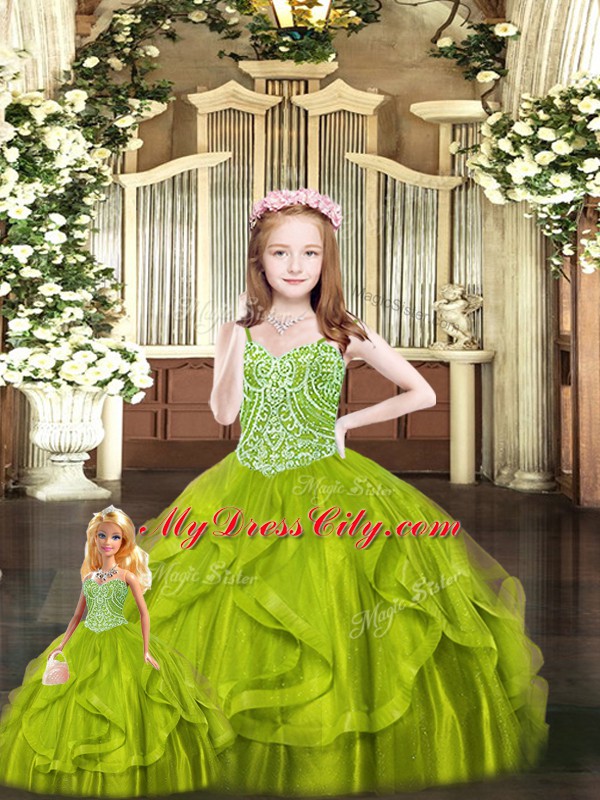 Fine Floor Length Lace Up Quinceanera Gowns Olive Green for Military Ball and Sweet 16 and Quinceanera with Beading and Ruffles