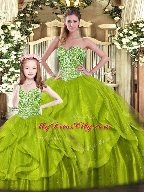 Fine Floor Length Lace Up Quinceanera Gowns Olive Green for Military Ball and Sweet 16 and Quinceanera with Beading and Ruffles