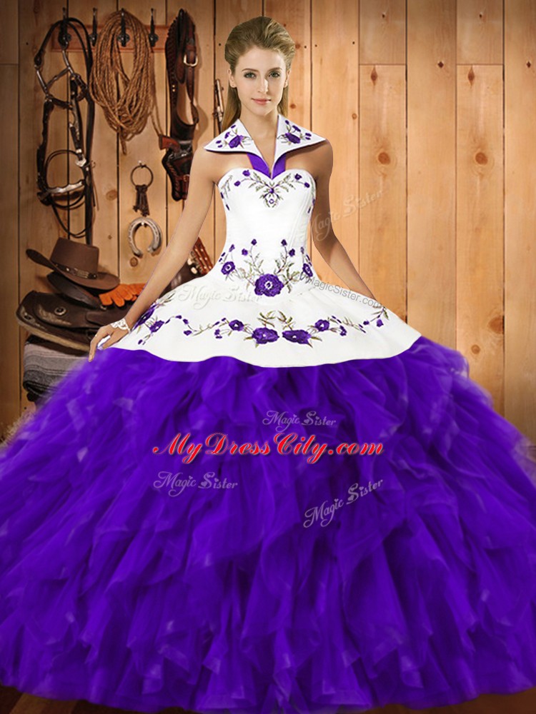 Free and Easy Ball Gowns Quinceanera Dress Purple Halter Top Satin and Organza Sleeveless Floor Length Lace Up