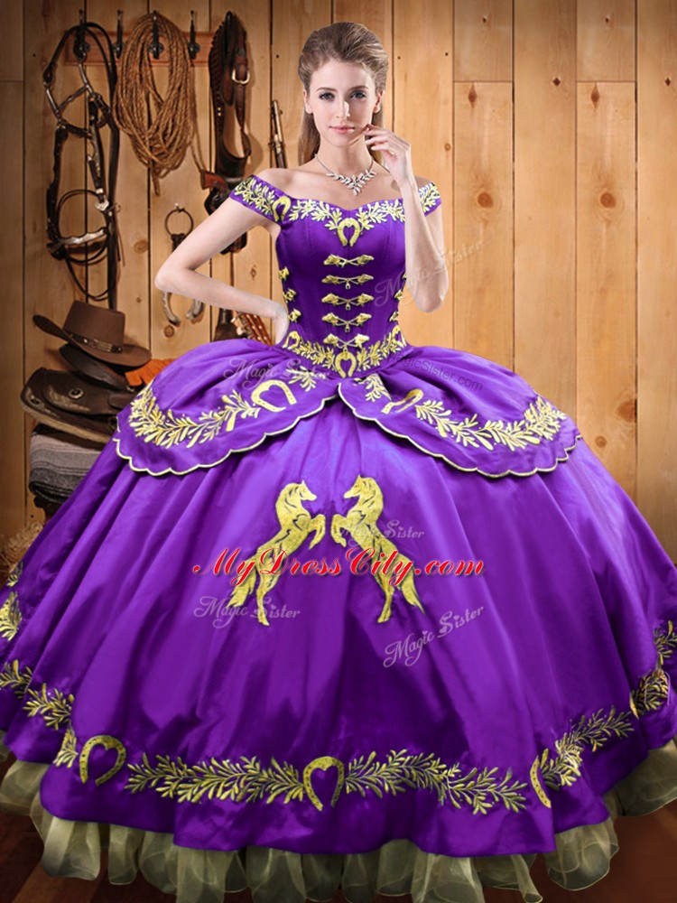 Wonderful Satin and Organza Off The Shoulder Sleeveless Lace Up Beading and Embroidery Quinceanera Gowns in Purple