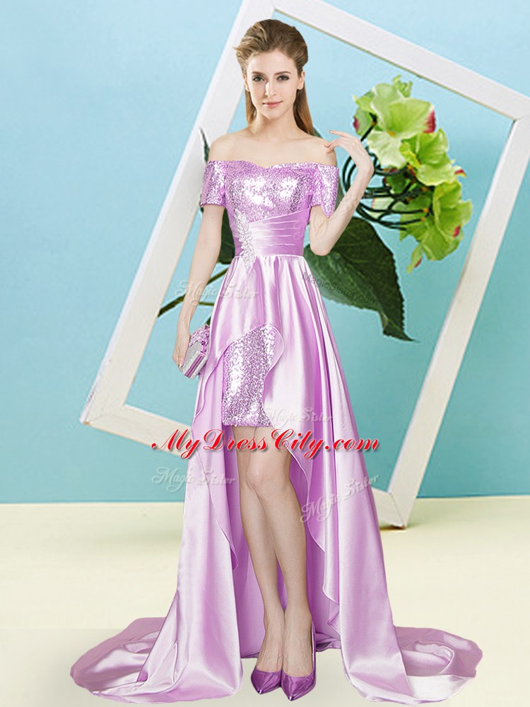 Smart Lilac Prom Party Dress Prom and Party with Sequins Off The Shoulder Short Sleeves Zipper