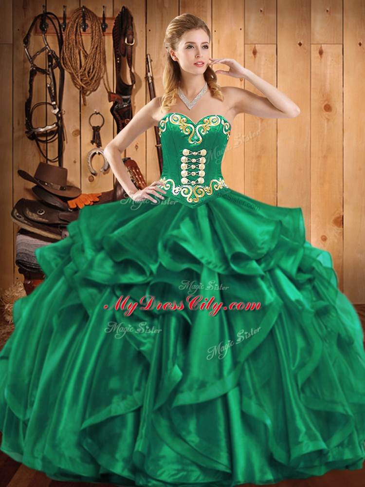 Turquoise Sleeveless Floor Length Embroidery and Ruffles Lace Up Vestidos de Quinceanera