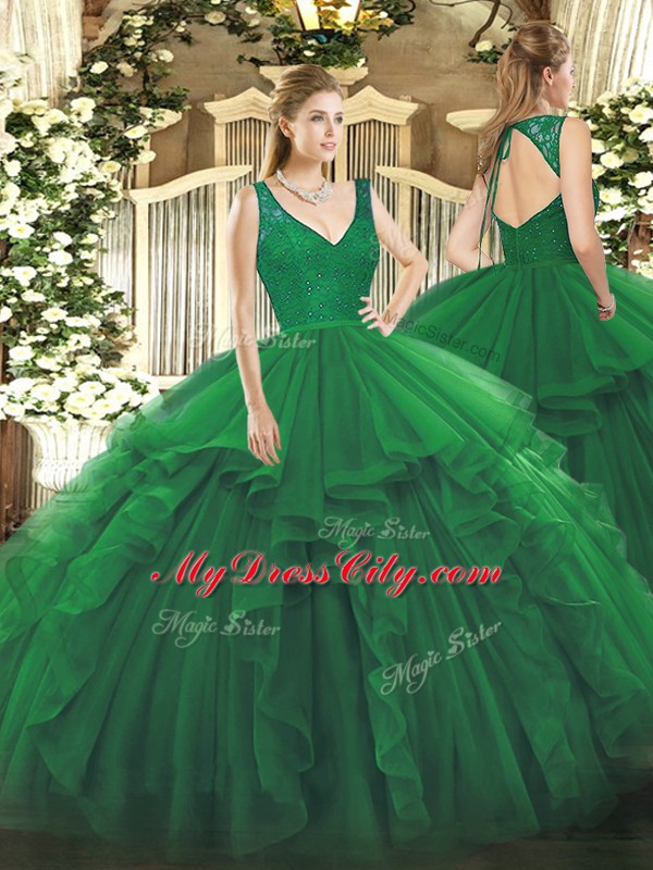 Noble Dark Green Ball Gowns Beading and Ruffles Sweet 16 Quinceanera Dress Zipper Organza Sleeveless Floor Length