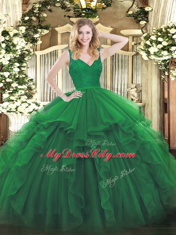 Noble Dark Green Ball Gowns Beading and Ruffles Sweet 16 Quinceanera Dress Zipper Organza Sleeveless Floor Length